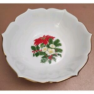 Vintage AK Kaiser West Germany Christmas Poinsettia Bowl With Gold Trim 8"